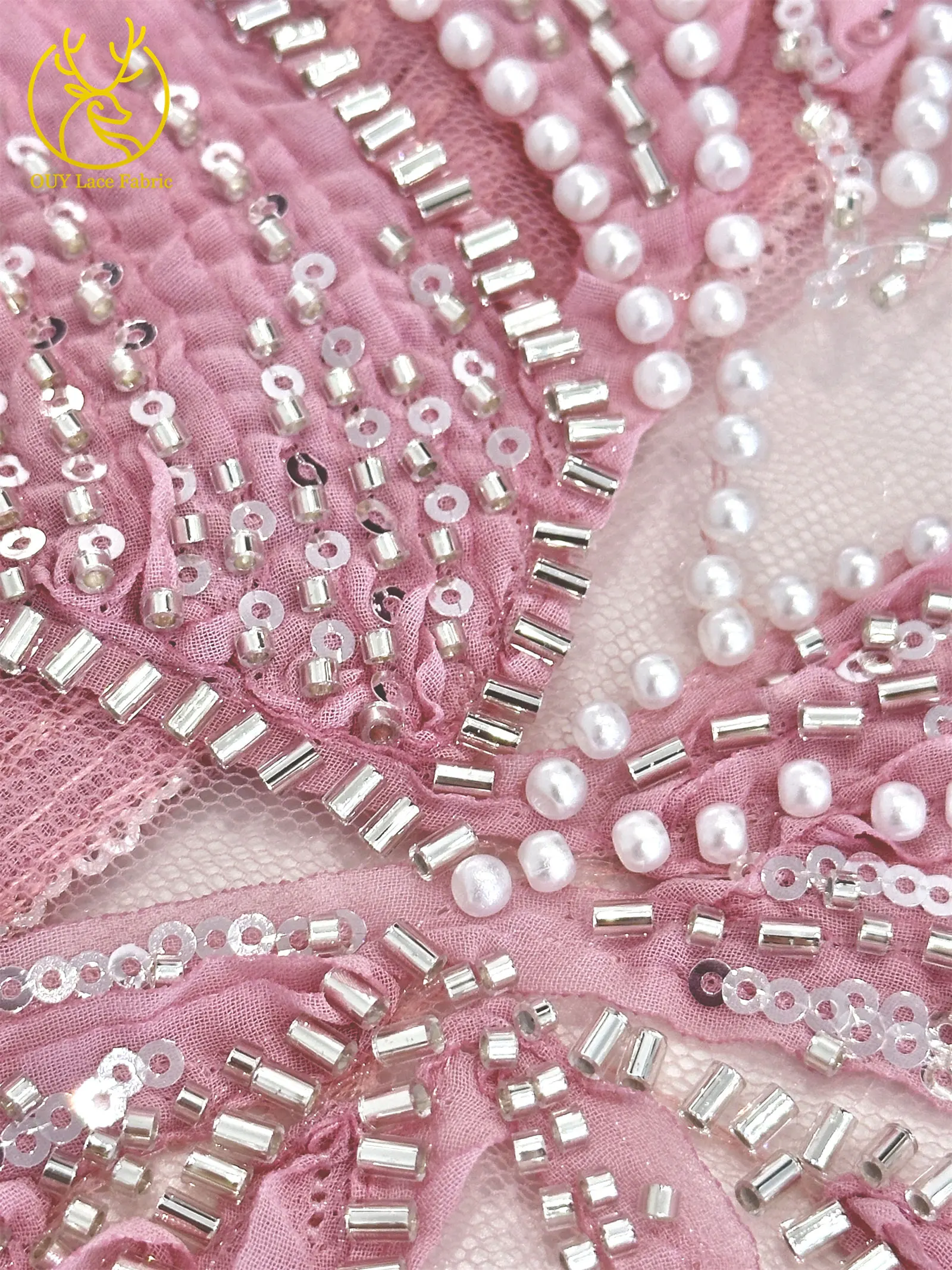 Rosa 3D Mode-Mesh-Tüll-Spitzenstoff 2026 Nigerianischer Perlen-Pailletten-Spitzenstoff für Damen Hochzeits- und Abendkleider zum Nähen 5 Yards – Detail 13