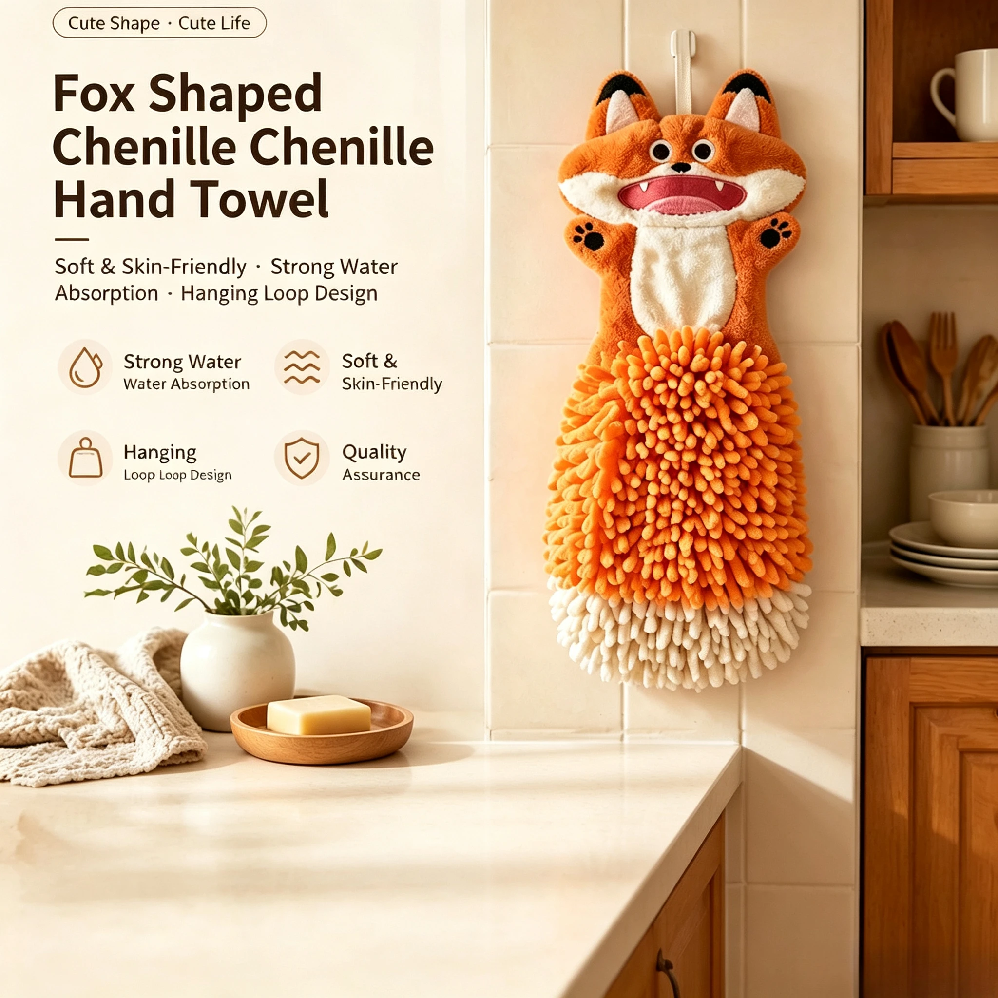 Chenille Hand Towel, Cute Fox Shape Absorbent Hanging Dish Towel, Soft Quick Dry Hand Wipe for Kitchen Bathroom Decor