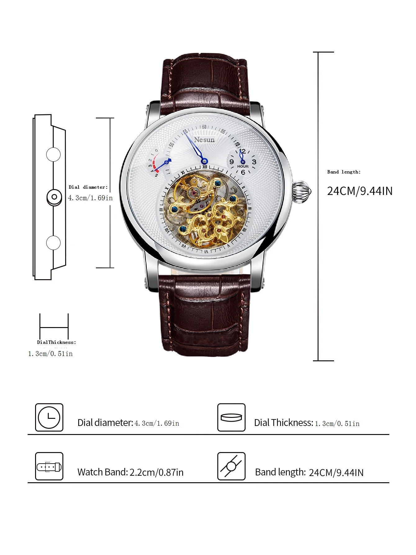 NESUN automatic mechanical men's watch, multi-functional luminous stainless steel classic business men's watch