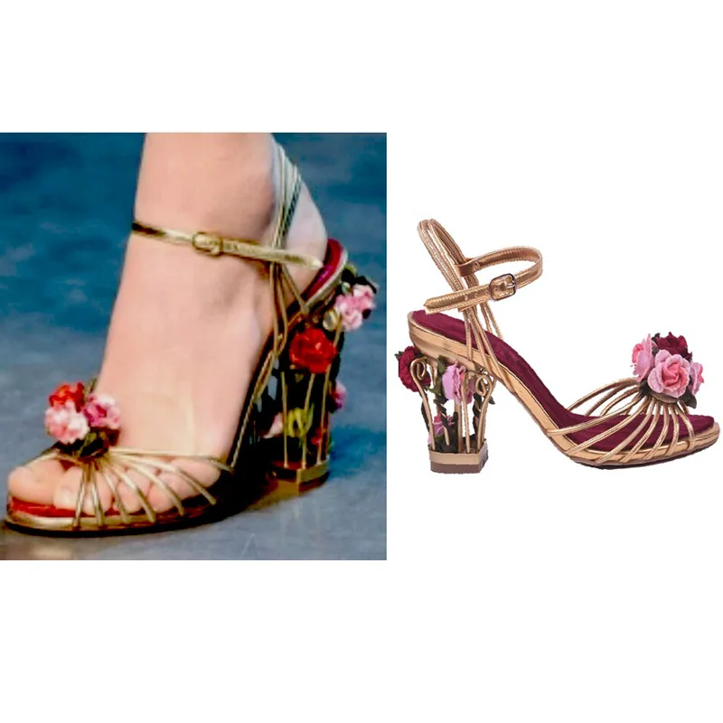 Metal Cage Heels Pink Red Rose Flower Sandals Gold Thin Straps Women Rose Vine Twined Chunky Fretwork Heel  Wedding Shoes