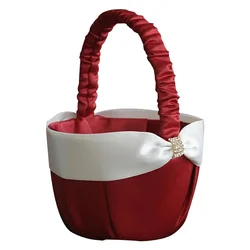 Red Flower Girl Basket Romantic Wedding Day Collection Flower Basket White Satin Beaded Wedding Flower Girl Basket Bowknot