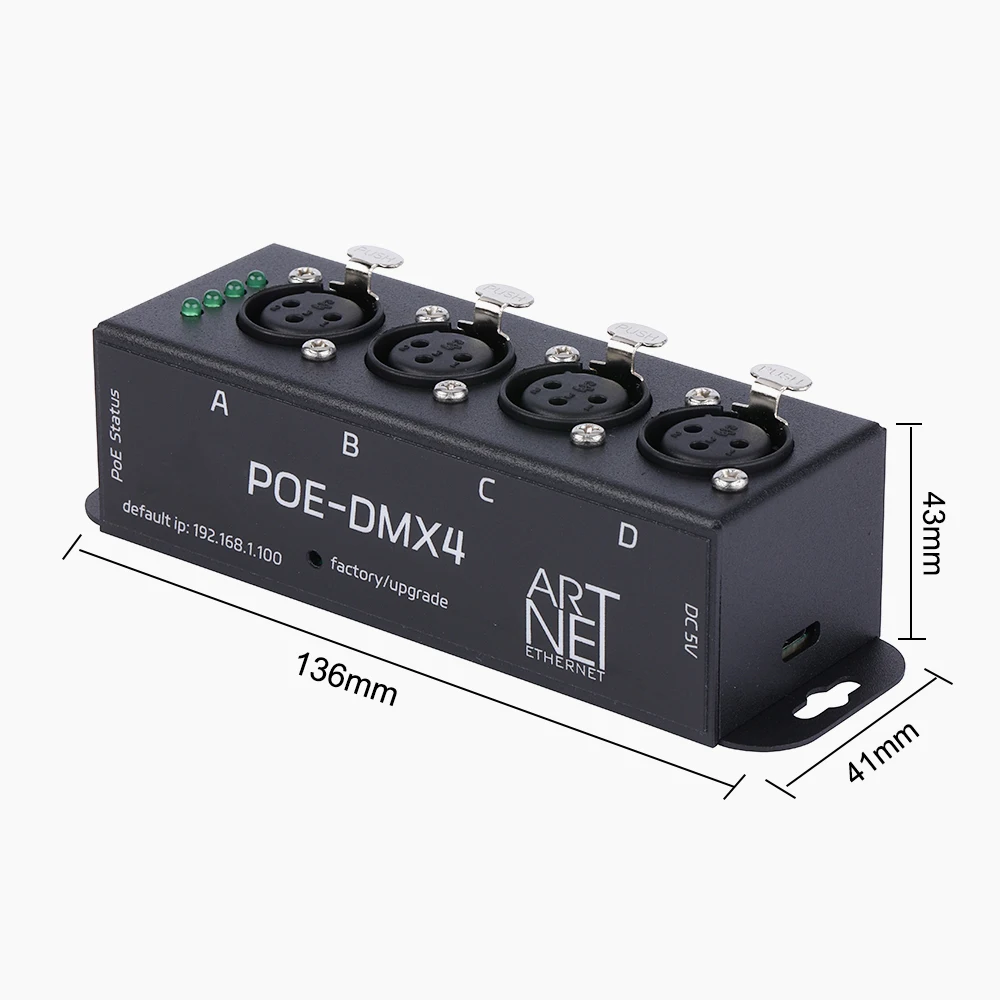 MINI ArtNet / sACN 2048 Power Over Ethernet (PoE) Controlador DMX/RDM bidirecional de quatro portas Conector de rede padrão Madrix/ MA2