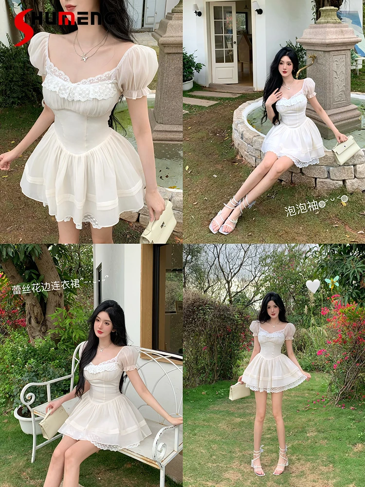 

Women's 2024 Summer Sweet Cute Dresses Feminine Lace Stitching Contrast Color Dress Short Sleeve Waist-tight A- Line Dresses