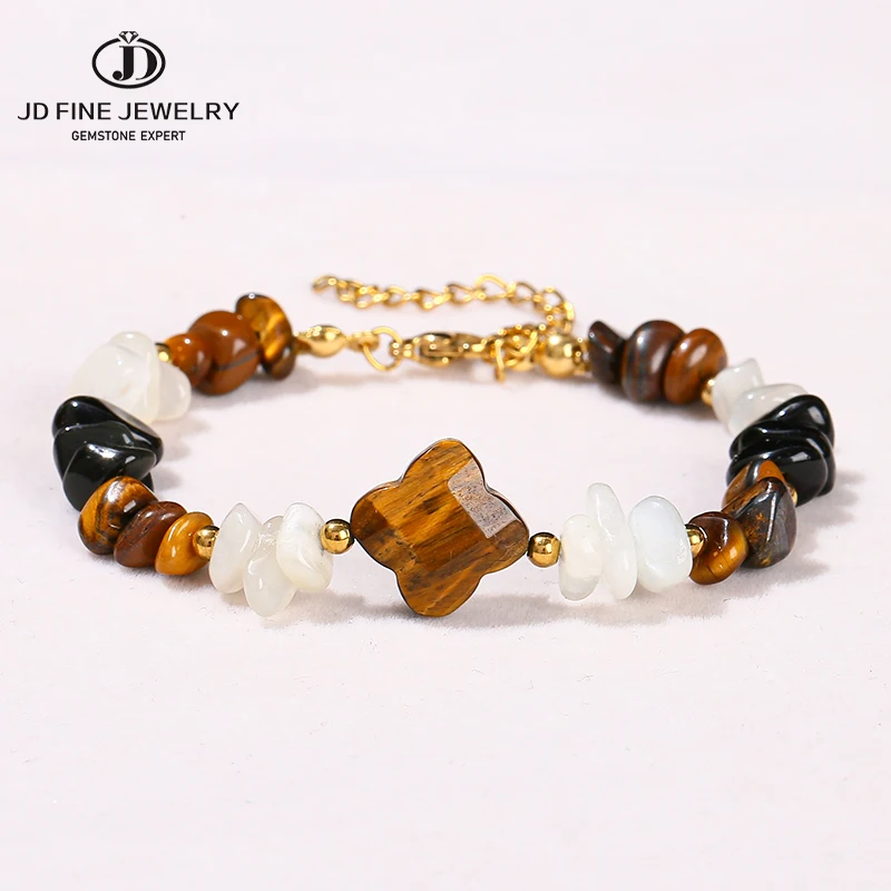 JD Natural Yellow Tiger Eye Stone Black Obsidian Moonstone Chip Bead Four-Leaf Clover Lucky Bracelet Women Reiki Healing Bangles