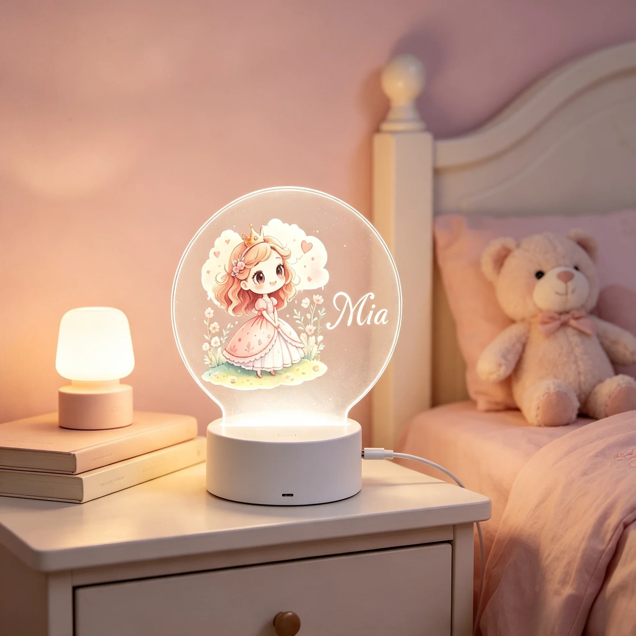 Cute Crown Little Princess Floral Round Acrylic Night Light Baby Girl Nursery Decor LED Lamp