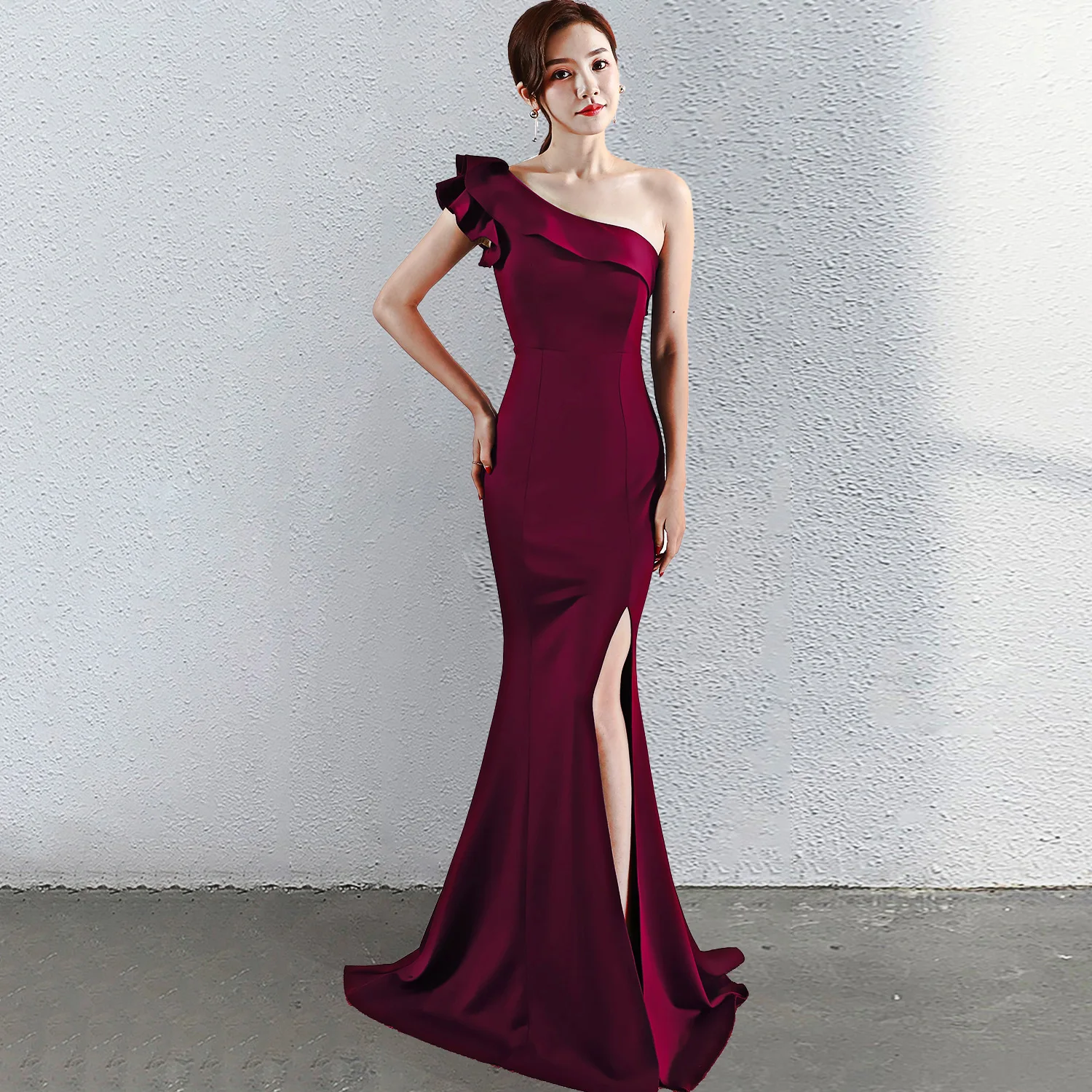 Elegant One Shoulder Ruffles Ruched High Split Mermaid Long Formal Evening Dress
