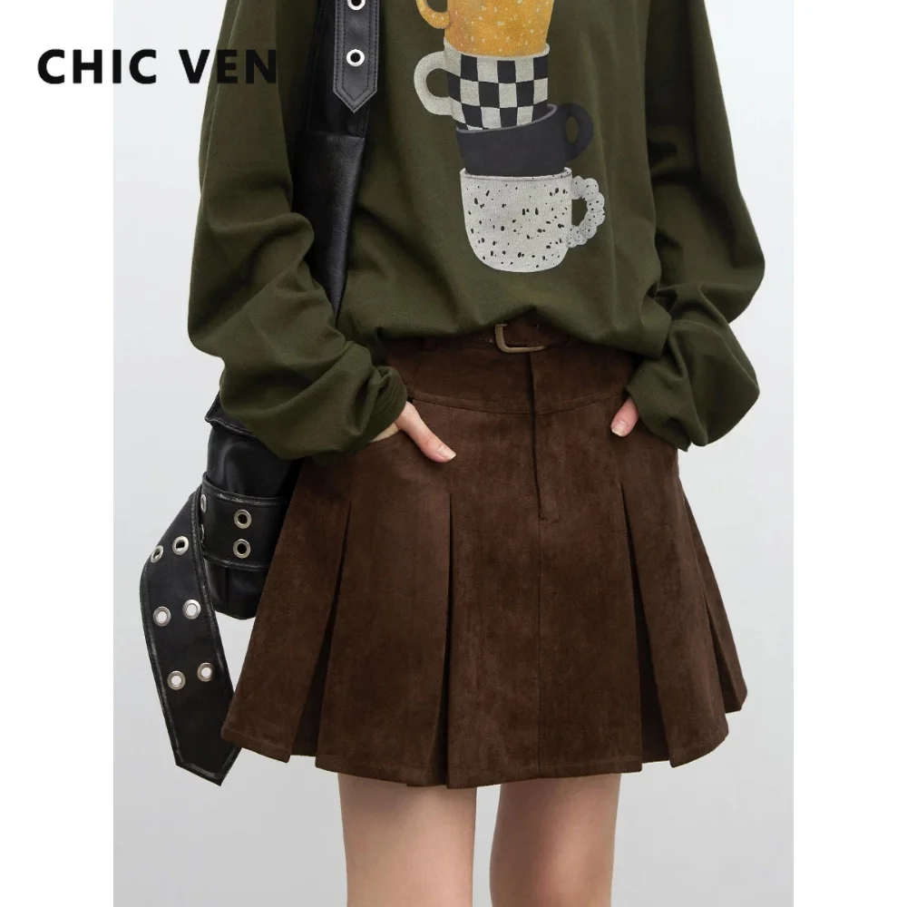 CHIC VEN Fashion New Women Skirts Loose Casual Solid Pleated A-line Short Skirt Coffee Female Oversized Skirt Spring Autumn 2026