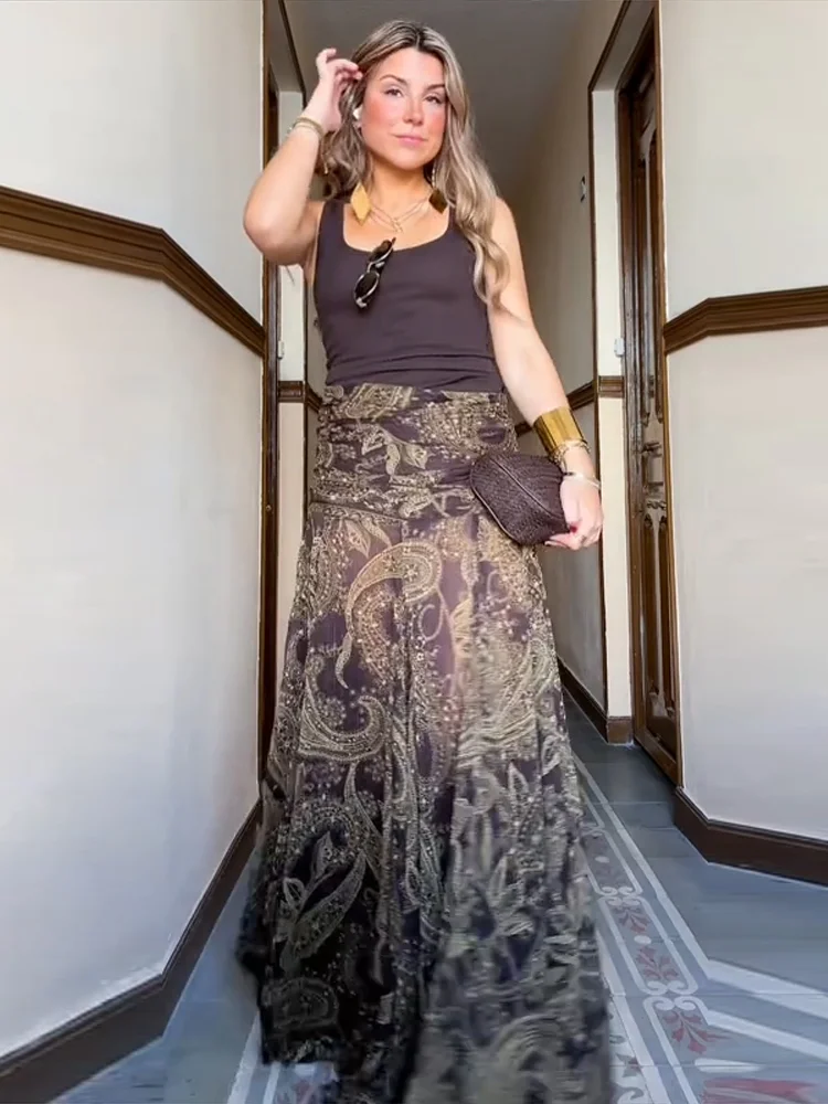 Jupes longues asymétriques imprimées élégantes, ample, taille haute, plissée, ligne a, vêtements de fête assortis pour dames, été automne 2025