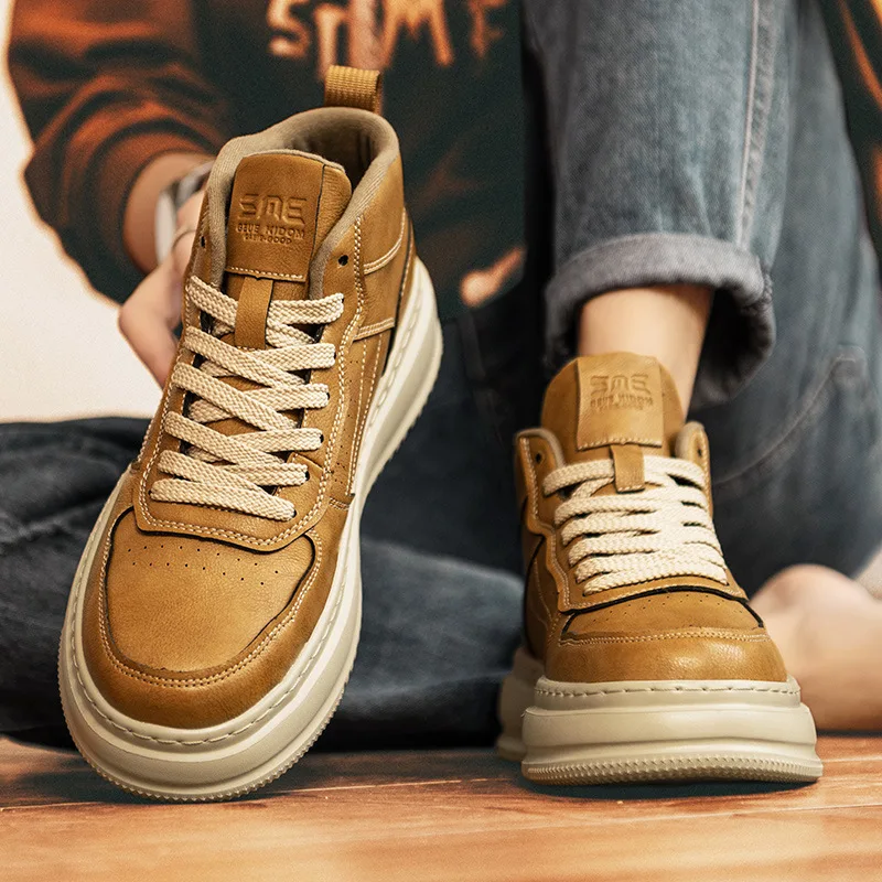 

High top men's trendy shoes versatile British style men's thick soled casual sports non slip leather board shoes