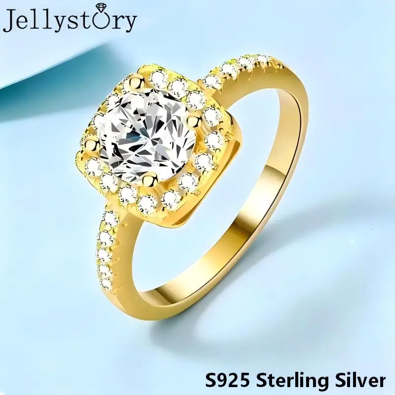 JellyStory S925 Silver Luxury Square Bezel Set 6.5mm Moissanite Ring, Elegant Solitaire Stackable Band, Light Luxury Gift