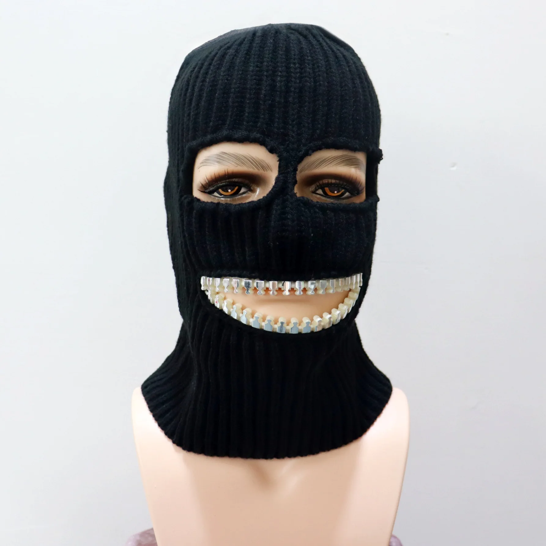 Cross-border new big gold tooth mask headpiece knitted warm wool hat funny zipper balaclava headpiece
