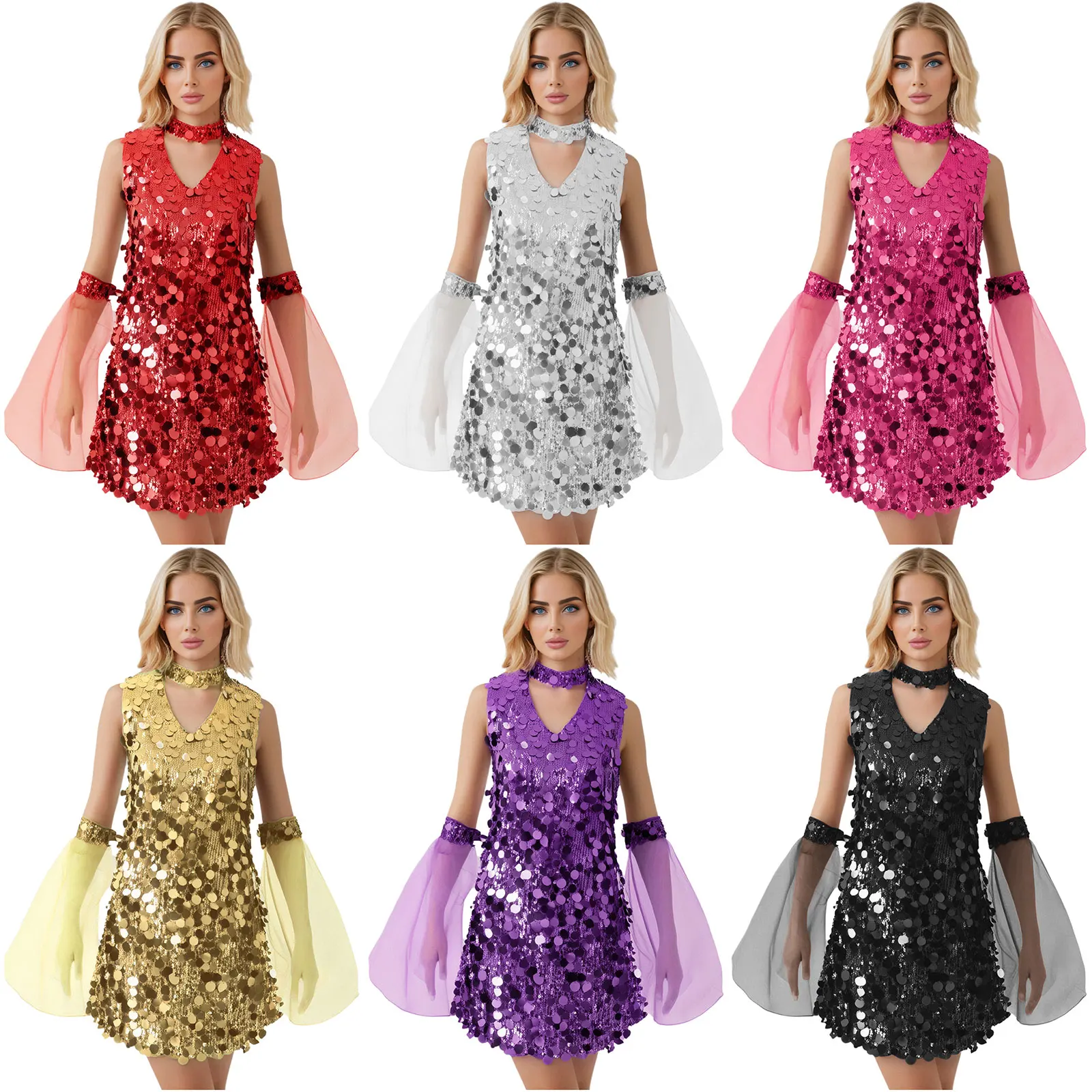 إمرأة 70s ديسكو ملابس رقص هالوين الترتر الهبي زي بلا أكمام الجوف خارج فستان قصير مع شبكة قابلة للإزالة مضيئة كم #5