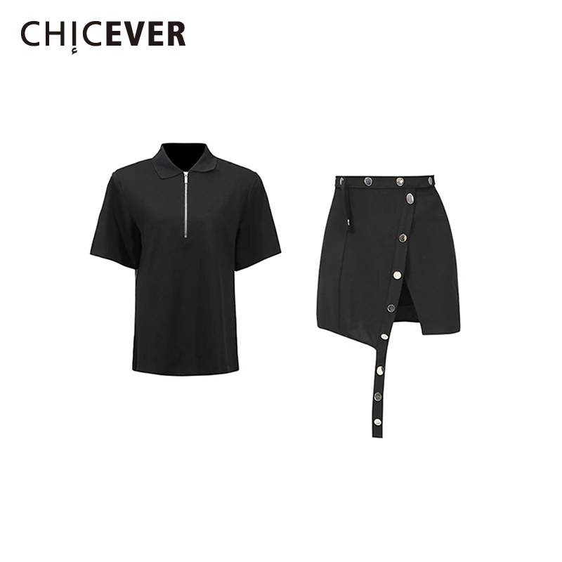 

CHICEVER черный комплект из двух предметов на молнии, женская рубашка с короткими рукавами и лацканами, базовая женская юбка с высокой талией, летний стиль