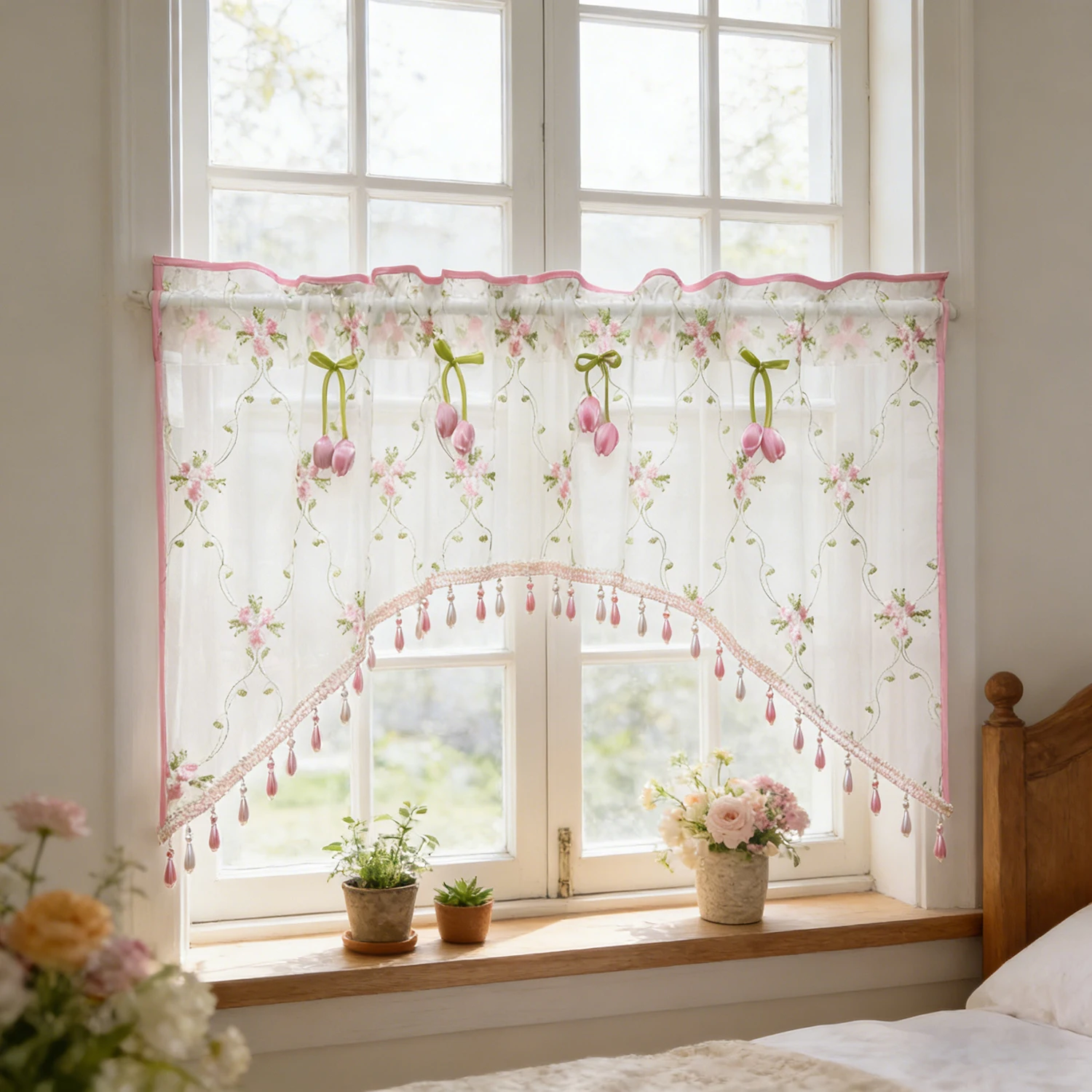 Korean-style pink lace embroidered pearl triangular blind, short curtains with tulip decoration for small window/door partition
