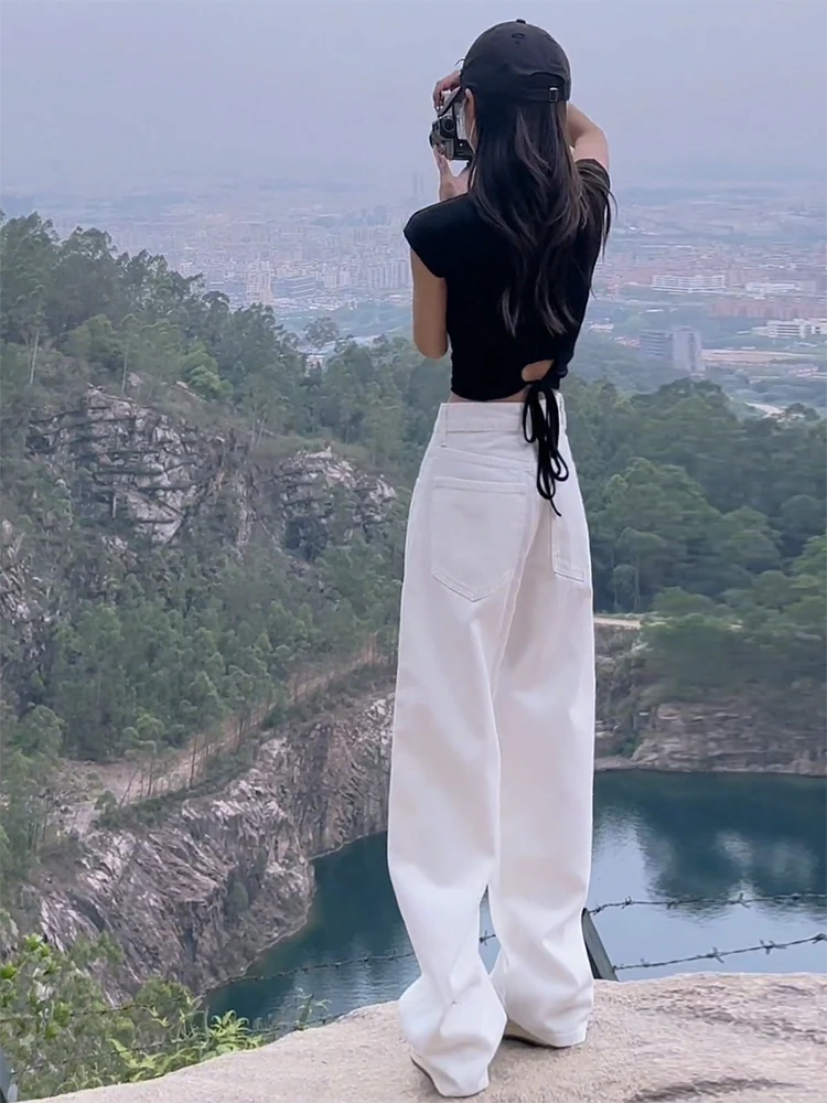 

White Wide Leg Soft Jeans Women Summer Thin High Waist Loose Drapey Floor-Length Pants Comfortable Stretchy Light Blue Denim