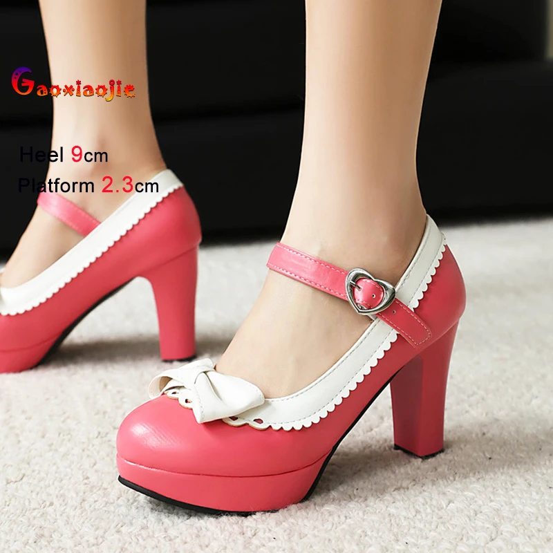 

Cute Butterfly-knot Women Lolita Single Shoes Mary Jane Shoes Cosy Thick High Heel 9CM Sweet Ladies Shallow Buckle Strap Pumps