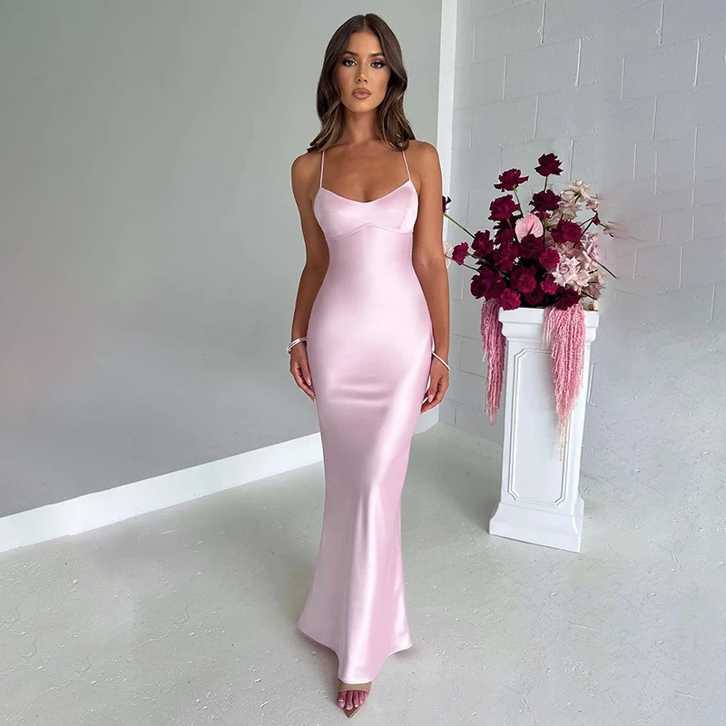 New Women's Sexy Slim U-neck Party Evening Dress Fashion Backless Lace-up Halter Strap Waist Prom Long Dresses