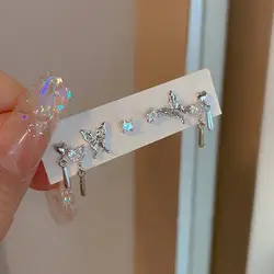 6Pcs/set Women Silver Color Rhinestone Butterfly Stud Earrings Y2K Korean Fashion Punk Earring Stud Jewelry Sets Gifts