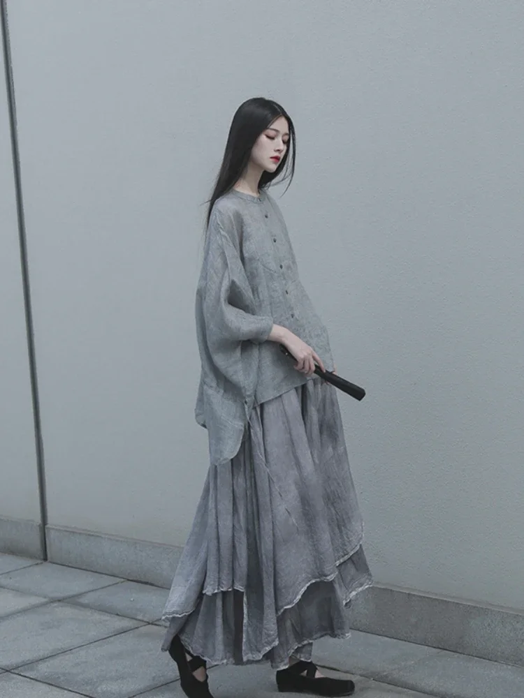 UMI MAO Chinese Style Hanfu Spring Summer Senior Gray Dolman Sleeve Drawstring Loose Casual Button Up Shirt Women Top Y2K