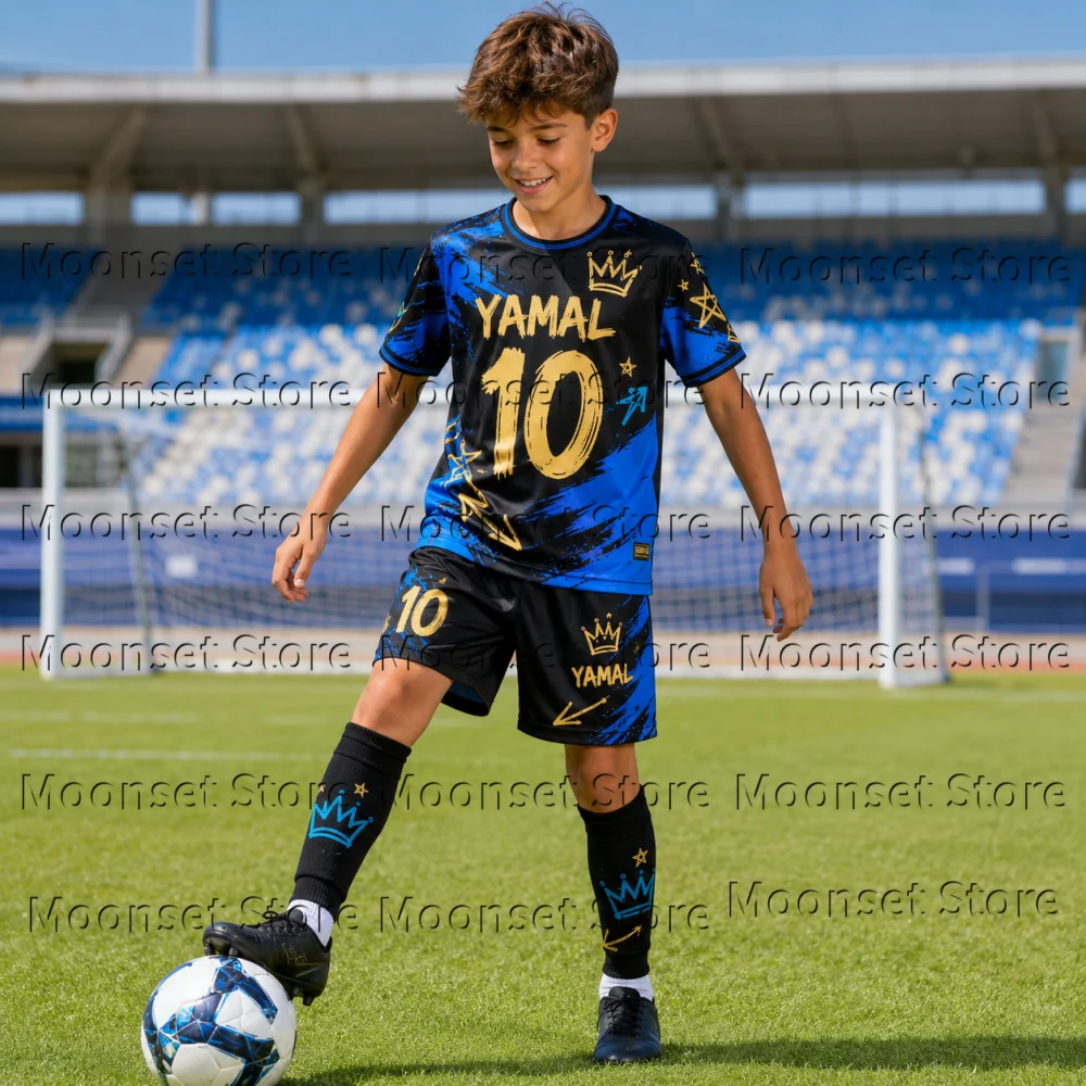 Kids Football Tshirt Jersey Set No.10 Crown Star Arrow Graffiti Print Soccer Uniform Short Sleeve Jersey+Short Set Men's Shirt