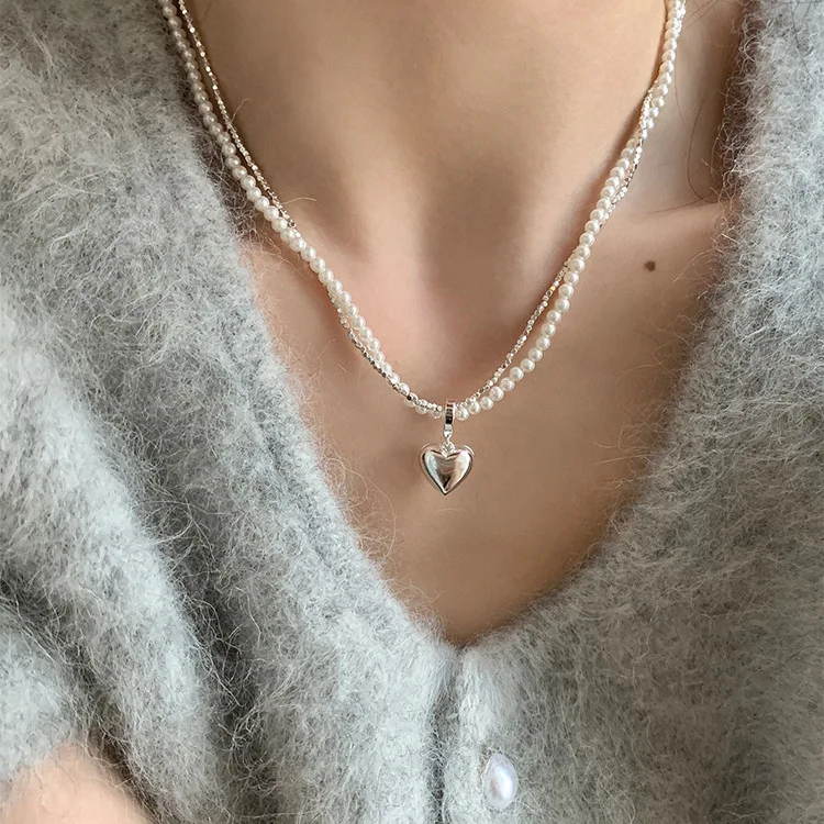 Heart Pendant Necklace Layered Pearl Silver Tone Alloy Retro Unique Choker Women Lightweight Versatile Elegant
