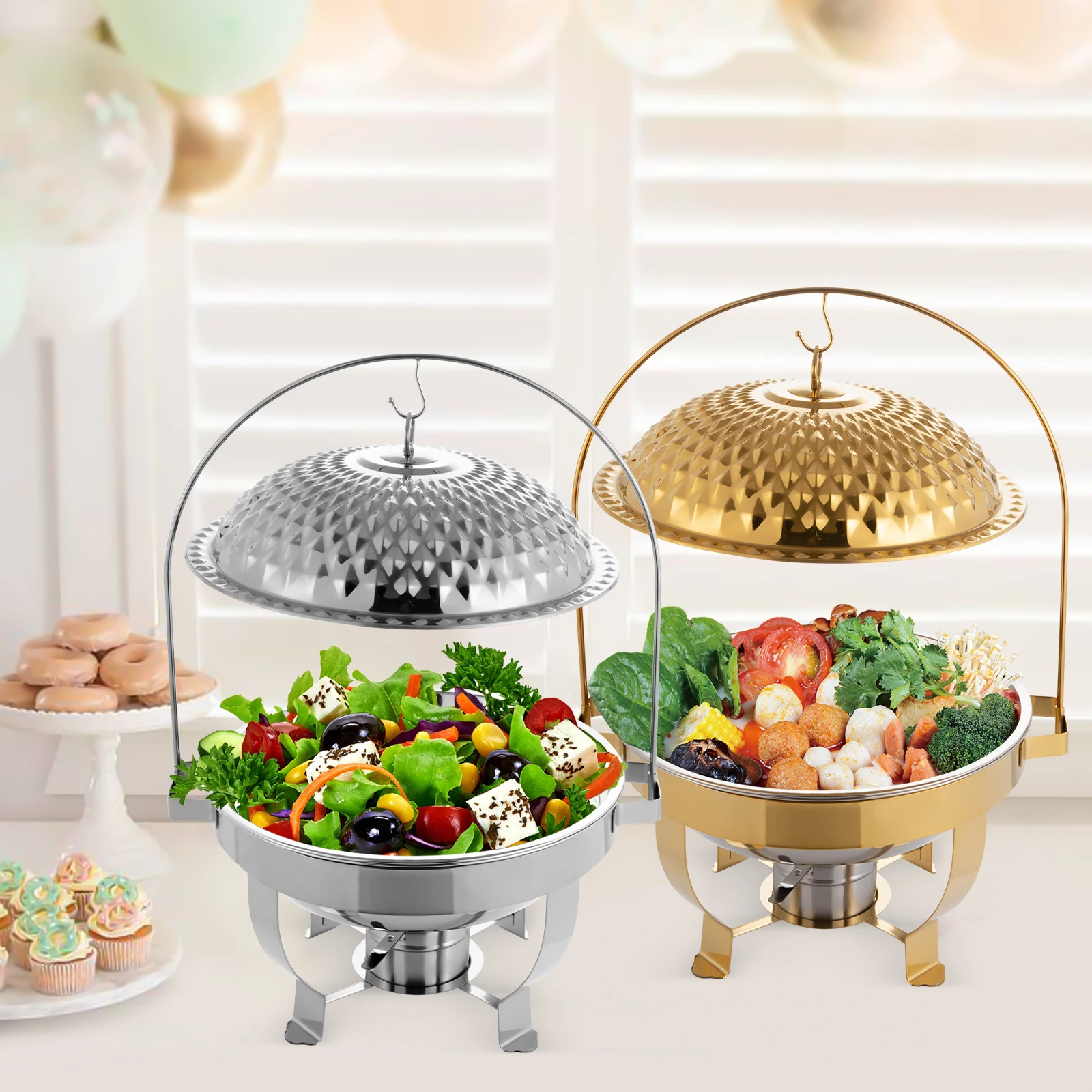 

6L Stainless Steel Chafing Dish with Alcohol Burner, Gold Dome Lid, Binaural Carrying Handles, Ideal for Buffets and Parties