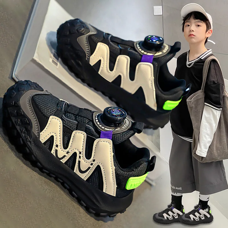 

Boys Black Sneakers 2024 Spring and Summer New Style Swivel Buckle Running Children's Shoes Soft Sole Boys