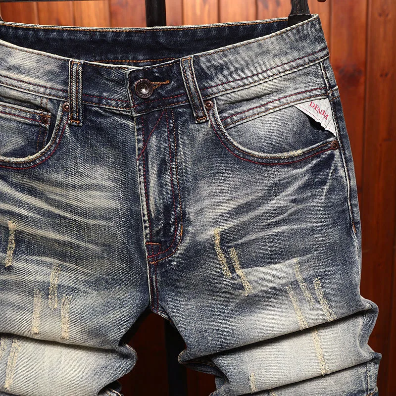 High end denim shorts for men, classic retro washed vintage fashion trend, summer casual five quarter pants