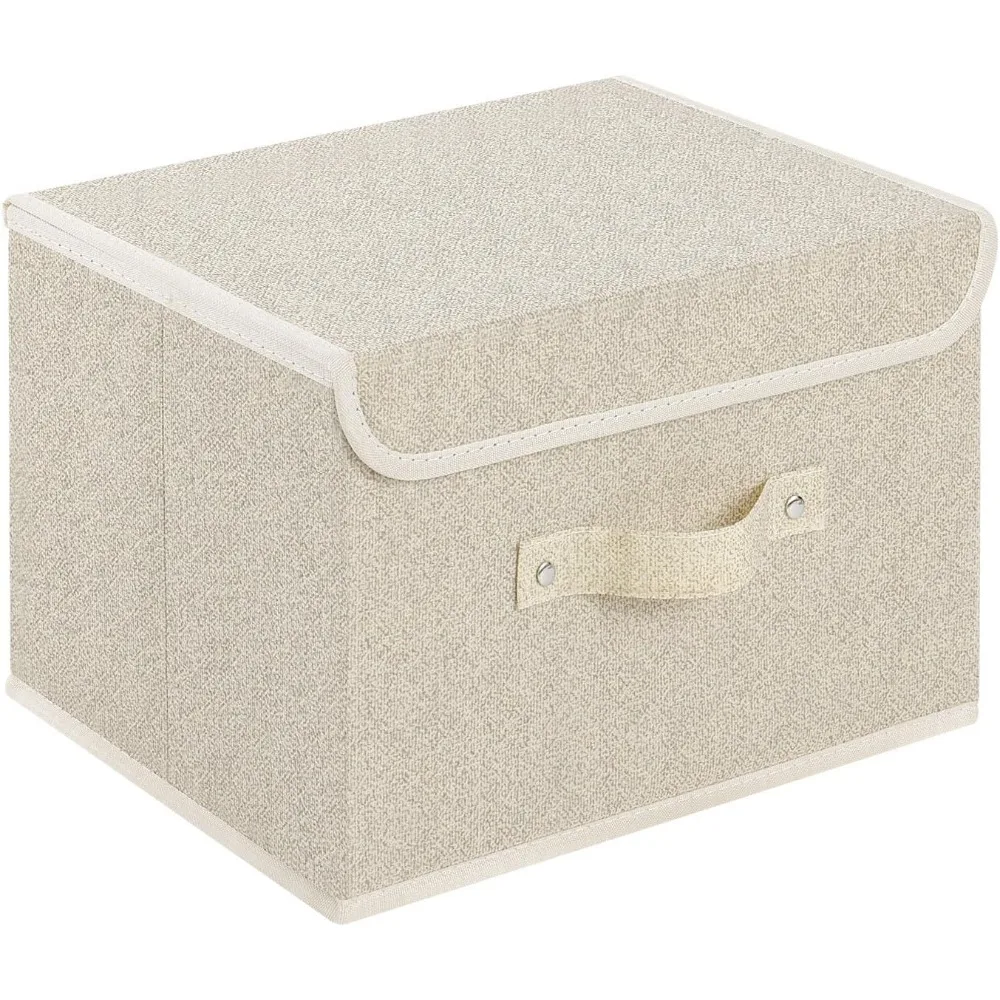 Storage Box, Foldable Storage Bucket with Lid, Cotton and Linen Storage Basket with Handle, Used for Books, Wardrobes, Bedrooms