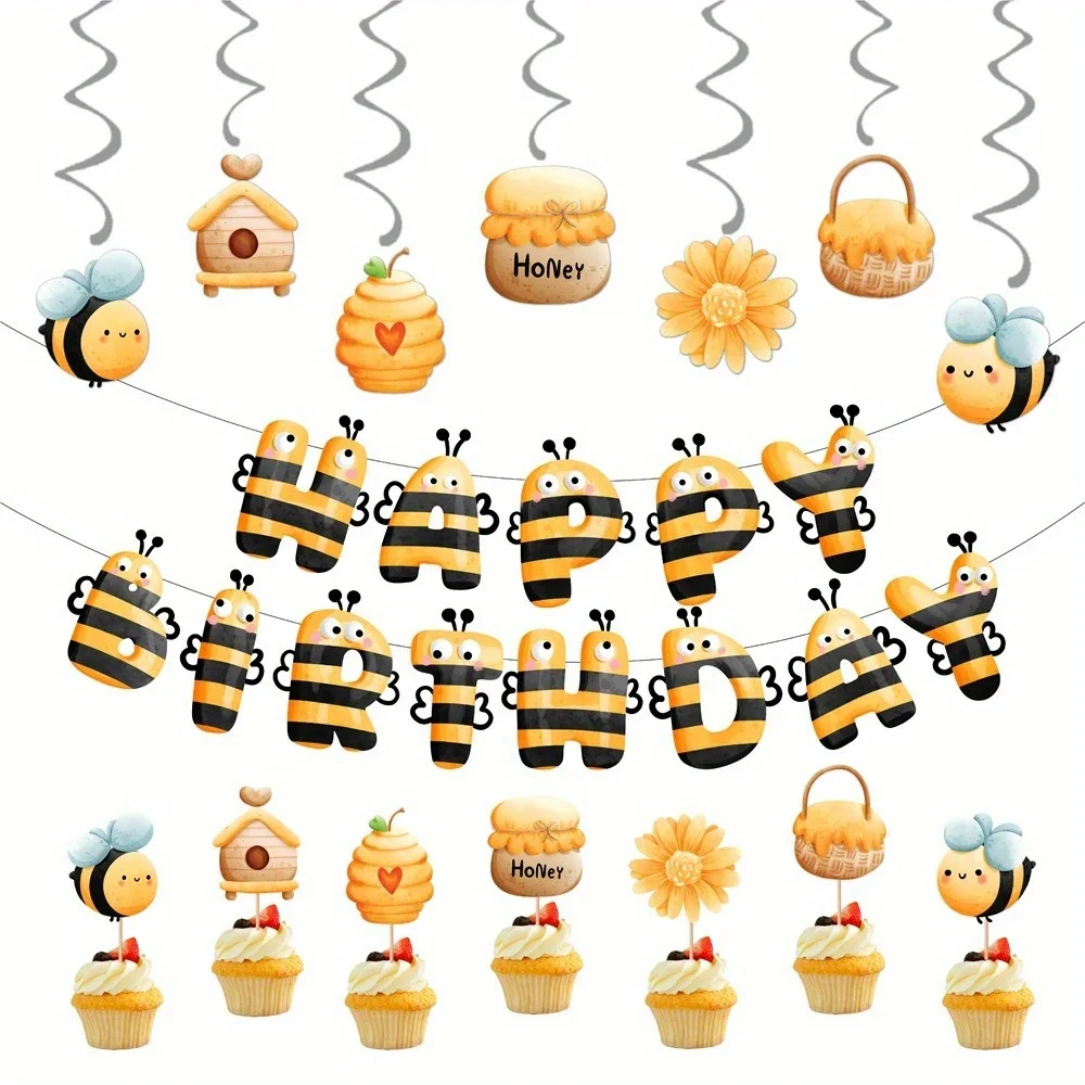 Pancarta de fiesta de papel Happy Bee Day, bandera con tema de abejas de miel, pancarta decorativa para fiesta de cumpleaños, decoración de primavera y verano