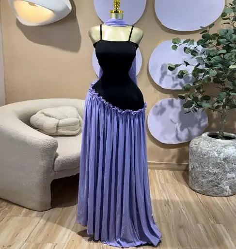 

Summer New Fashionable and Elegant Style Black Square Collar Splicing Mushroom Edge Hundred Fold Design Women's Strap Dress