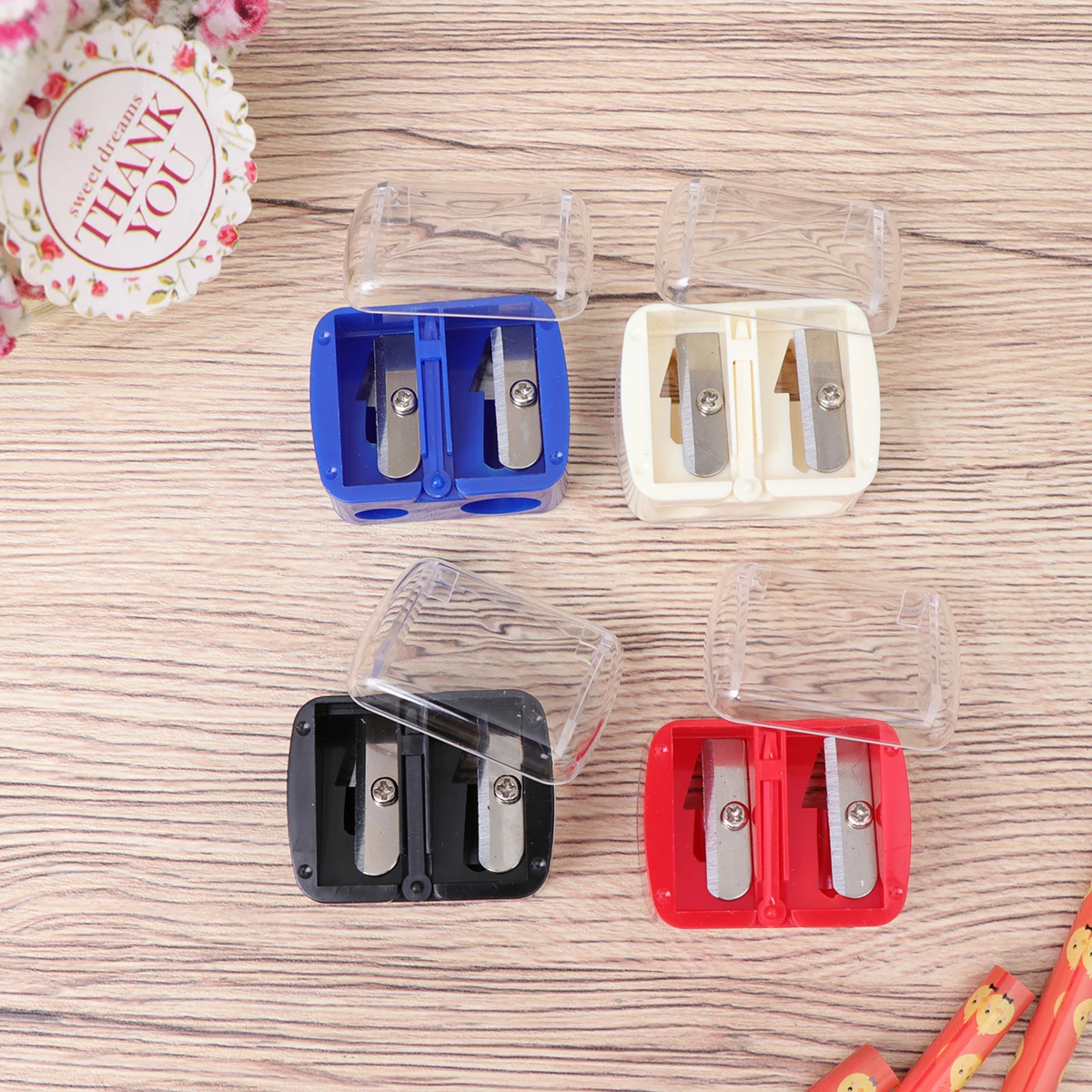 

12 pcs Pencil Sharpener Transparent Dual Hole Manual Sharpener Office Red Blue Black Beige Crayon Compatible Blade