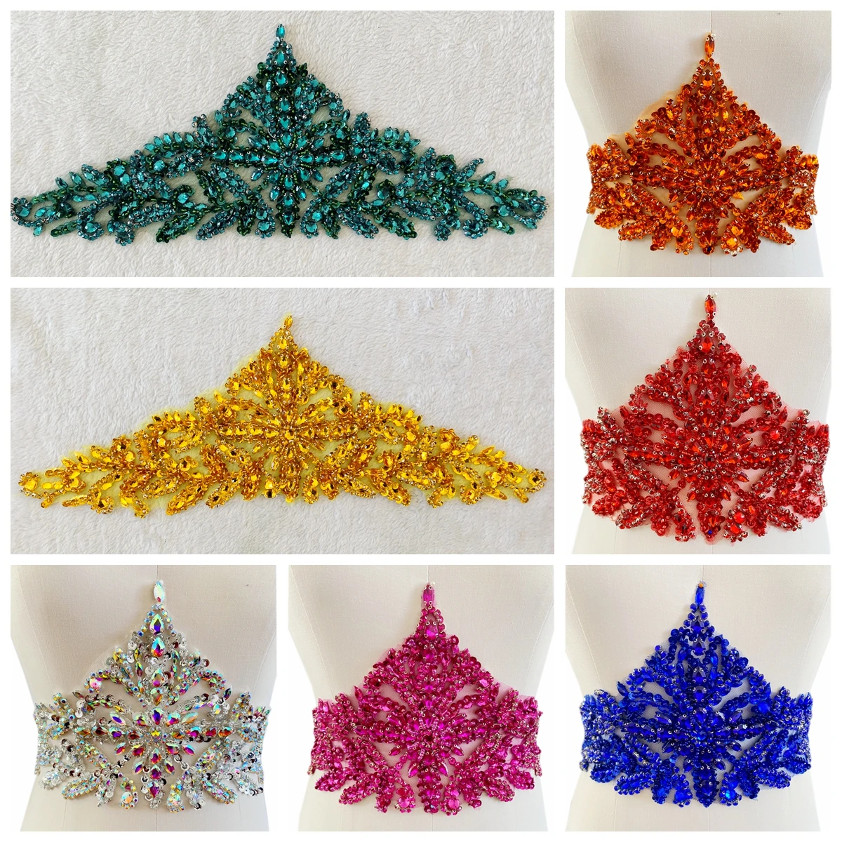 Handmade red/royalblue/ddepgreen/gold/silver rhinestones bodice applique sewing beads crystal trim patches dress accessory