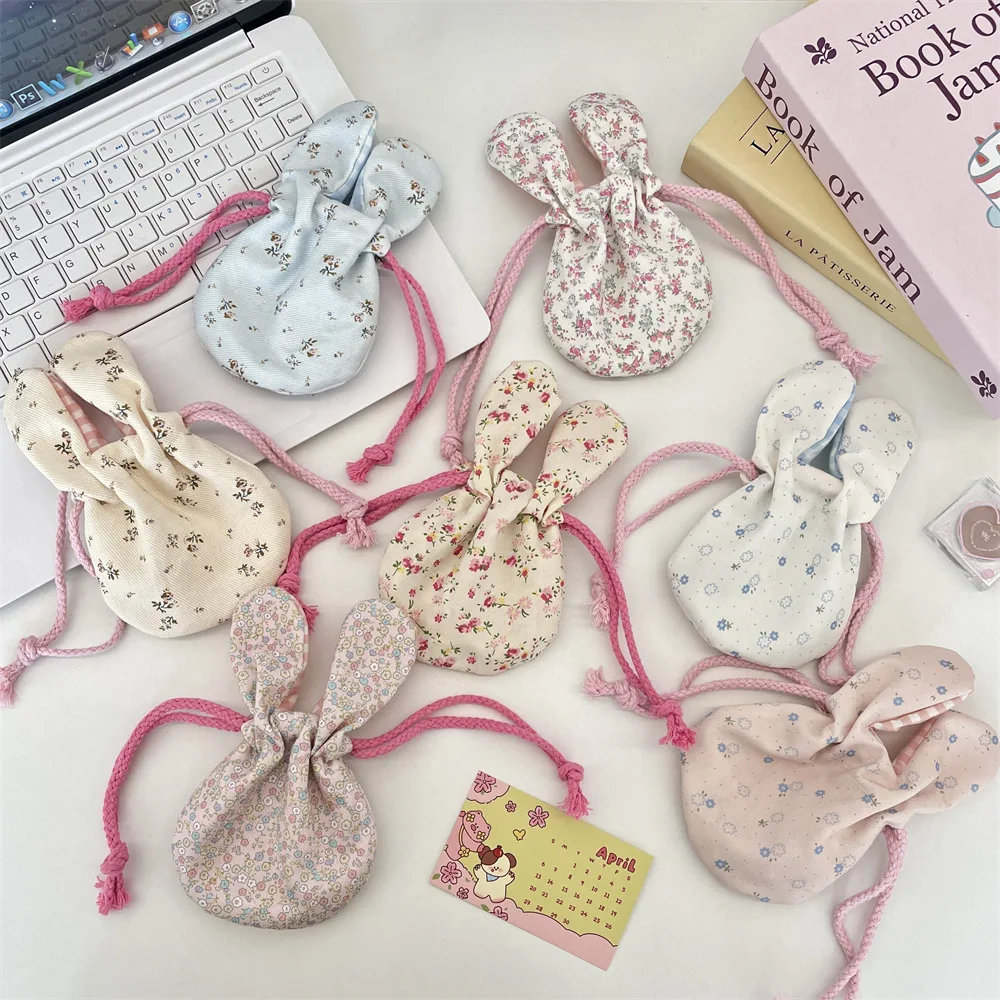 Rabbit Ear Floral Drawstring Bag Portable Cosmetic Bag Handbag Drawstring Pouch Key Earphone Lipstick Bag Coin Purse Coin Pouch