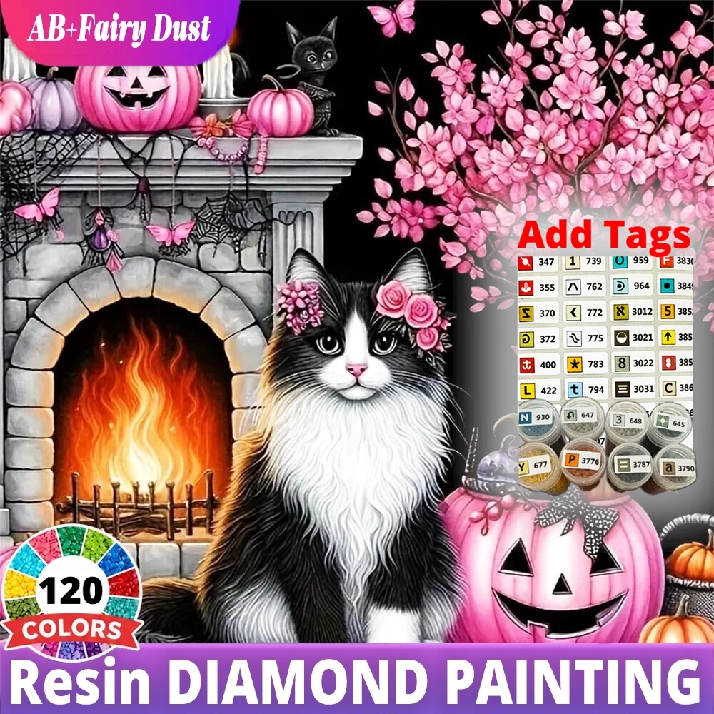 120 Color Resin DIY Diamond Mosaic Black Cat Pink Bow Fireplace Full Square Round Cute Art AB Fairy Dust Animal Wall Decor