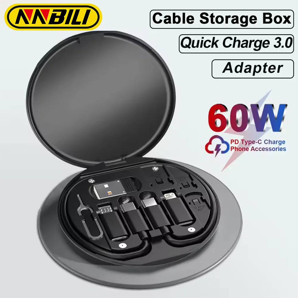 NNBILI 60W Multifunctional USB Type C Data Cable Set Fast Charging For IPhone Charger Storage Box Adapter Card Pin Travel Box