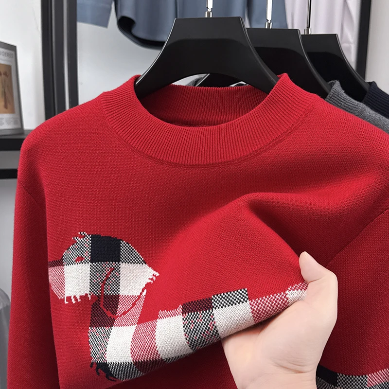 Autumn and Winter New Four Bar Colorful Jacquard Dog Round Neck Pullover Base Shirt Long Sleeved Sweater Top