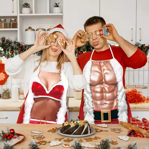 2Pc/Set Christmas Funny Couple Apron Set Holiday Party Kitchen Decoration Funny Gift Eye-catching Creative Item