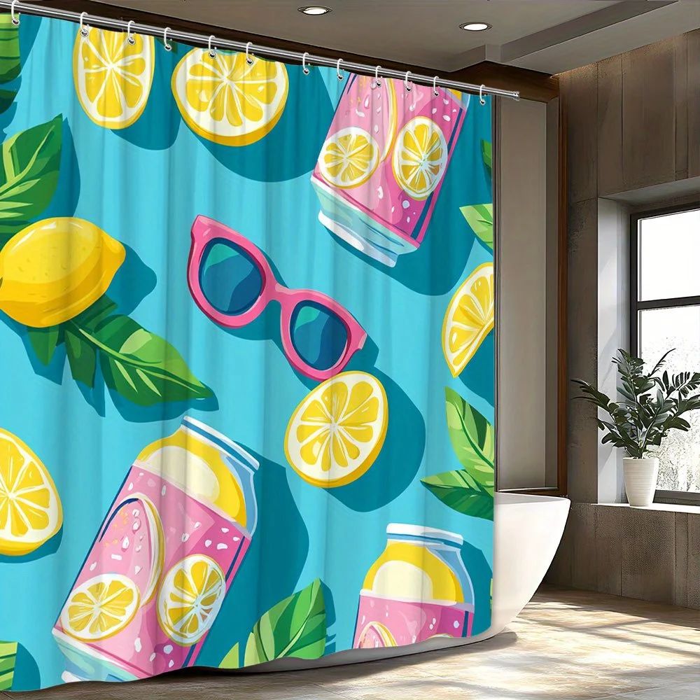 A Sunny Citrus Delight Shower Curtain: Brighten Up Your Bathroom with This Vibrant Design Featuring Pink Sunglasses, Fresh Lemon