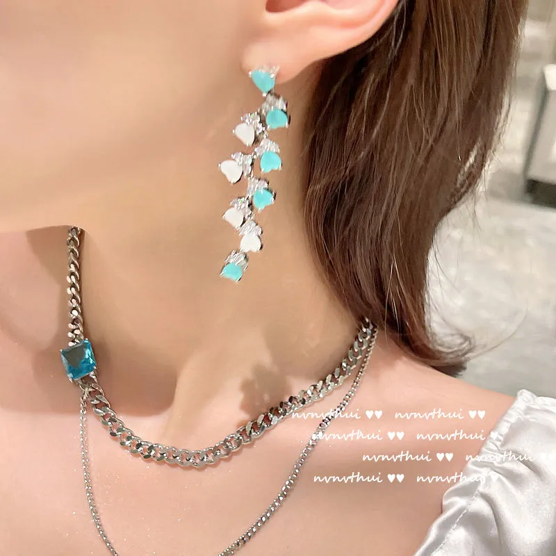 

Lake Light Water Shadow Ice Blue Sapphire Wind Chime Tassel Earrings Designer Plating18KJincai Bao Aquamarine Zircon Necklace