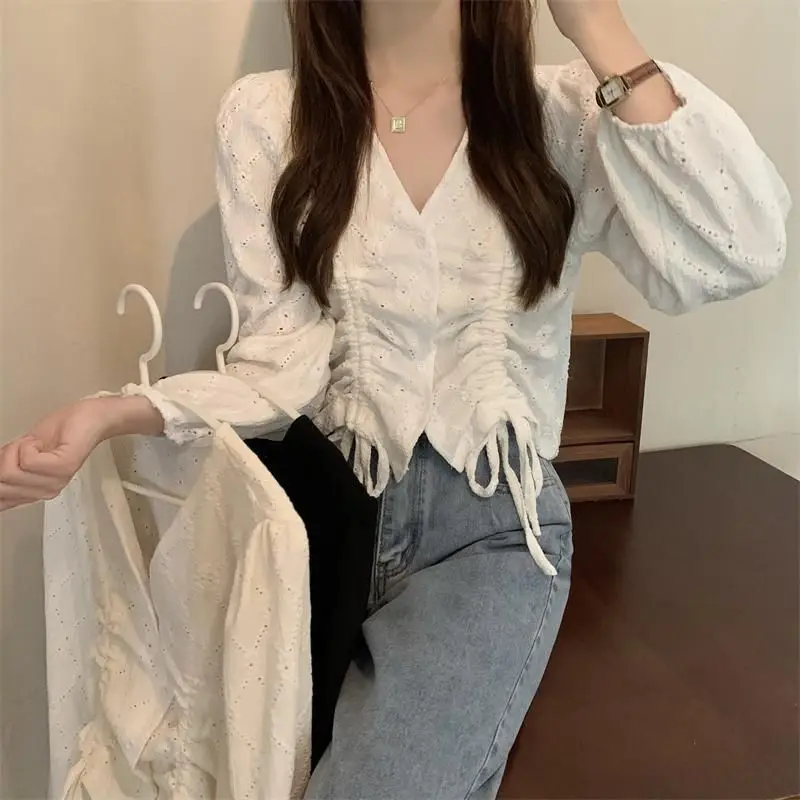 Shirring Shirts Women Faddish All-match Casual Tops Summer Preppy Style Pleated Hollow Out Tender Creativity Literary Ulzzang