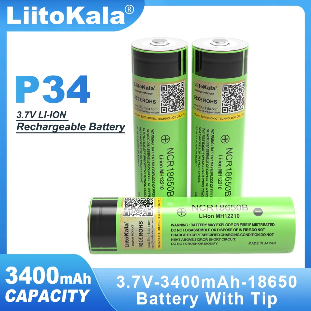 new LiitoKala NCR18650B  Tip 3.7v 3400 mAh 18650 Lithium Rechargeable Battery with Pointed batteries