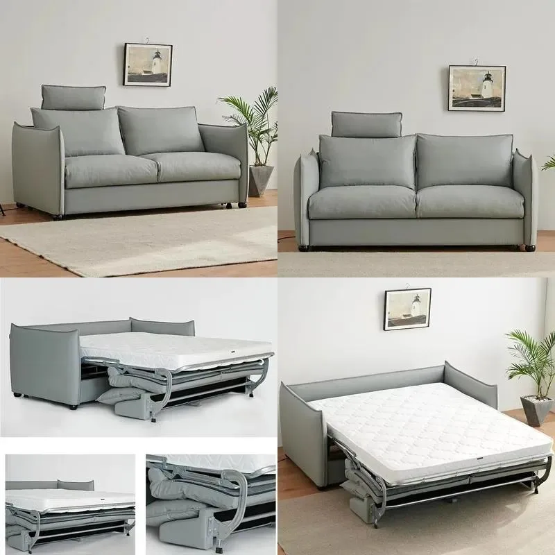 Leather modern convertible folding two-in-one sofa bed with metal frame, suitable for small spaces hotel and shopping
