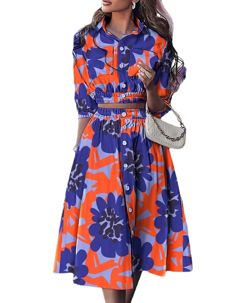 2-piece Women Dress Set 2023 Summer Elegant Women\'s Standing Neck Top Large Swing Skirt