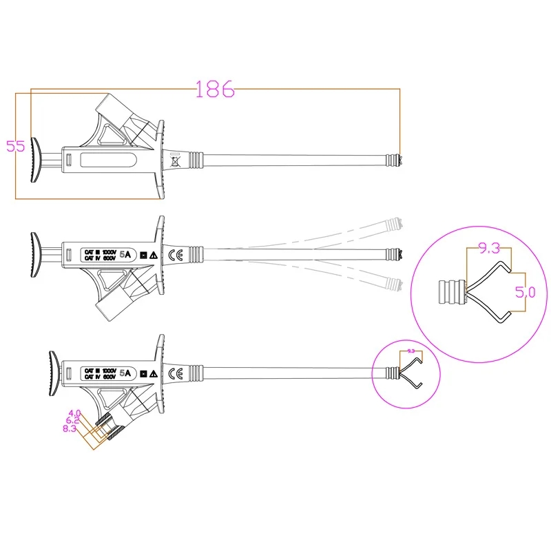 Multimeter-Anschlusskabel, 4 mm, Bananenstecker, isoliert, für Hochspannung, flexible Sonde, Federschäden, Testhaken – Detail 8