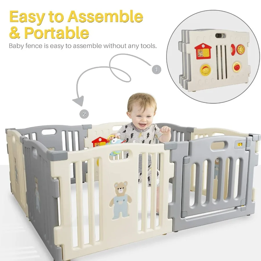 Grey - White Baby Interactive Playpen 8 Panel Safety Gate Children Play Center Child Activity Pen