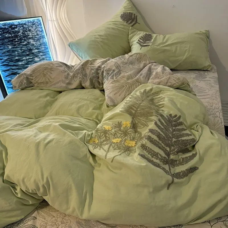 Countryside Forest Art Green Leaf Embroidery Quilt Set High Beauty Four Piece Set Small Fresh Bed Sheet Three Piece Set