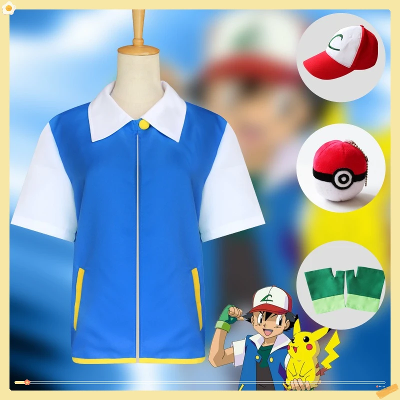 

Hot Sale Anime Cosplay Costume Anime Ash Ketchum Role Playing Clothes Blue Coat Outfit for Women Men Comic Con Halloween Party