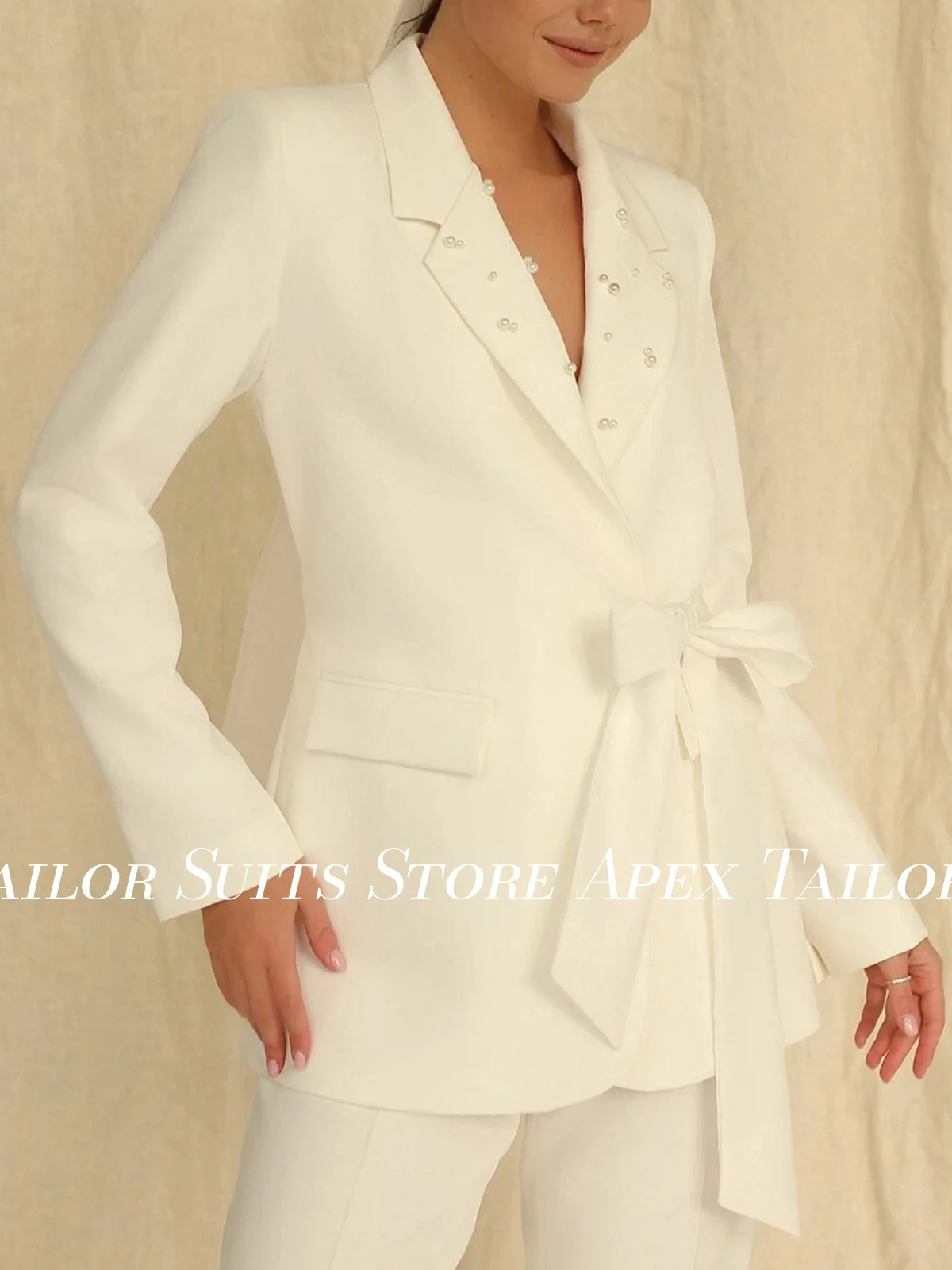 Ivory Women Belted Blazer Notched Lapel Pearl Decor Wrap Suit Jacket Long Sleeve Office Wedding Formal Outerwear Customized