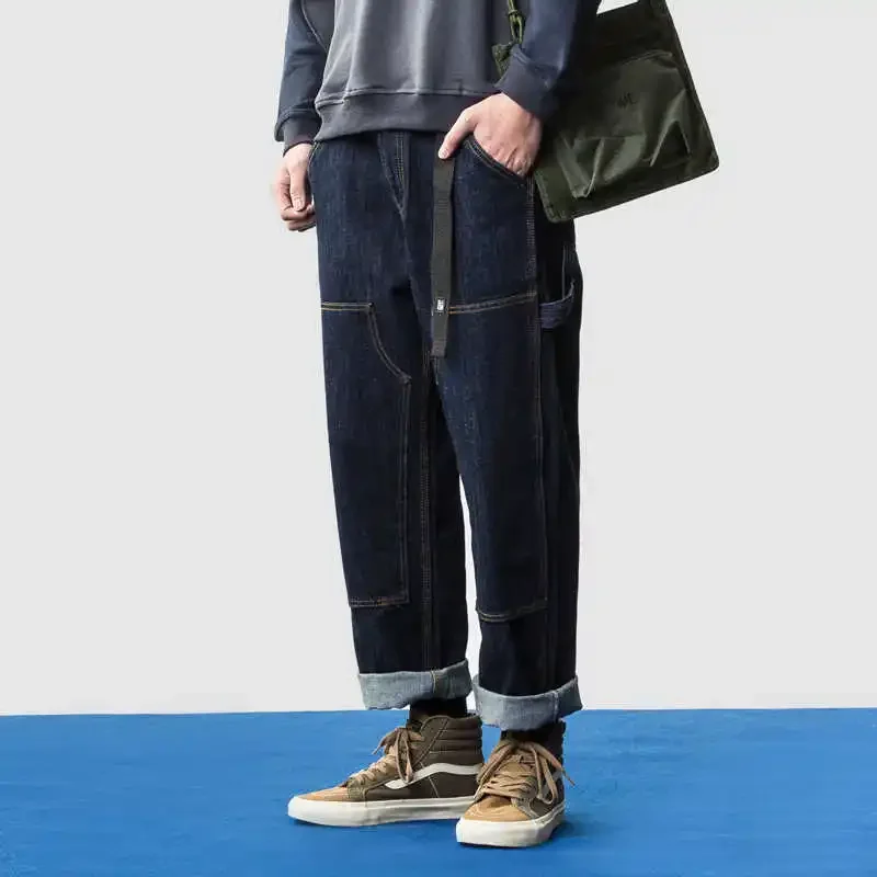 New Japanese Knee Patch Loose Straight Leg Pants Male Wide Skateboard Jeans for Male